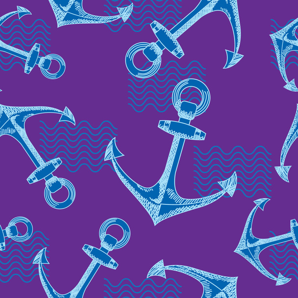 Anchors and waves. Seamless vector pattern. - Vector, Image