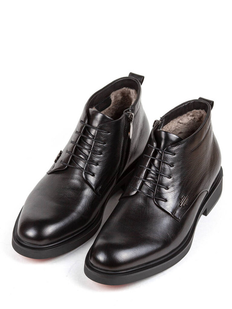 Classsic new men's black winter leather fur boots isolated on white background. - Φωτογραφία, εικόνα