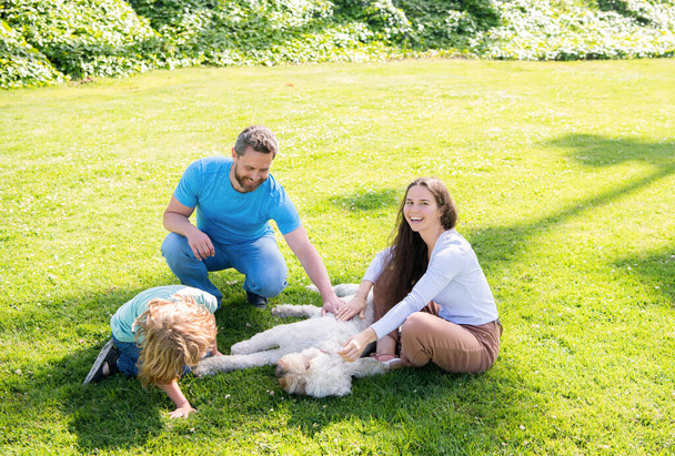 adoption and charity. family day. friendship. father mother and child on green park grass. - 写真・画像