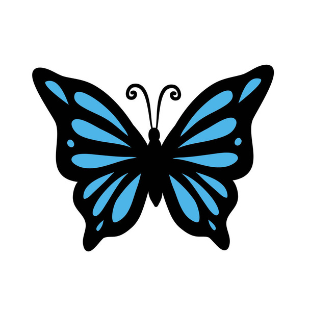 Papillon noir et bleu dessin à la main sur blanc, illustration vectorielle de stock - Vecteur, image