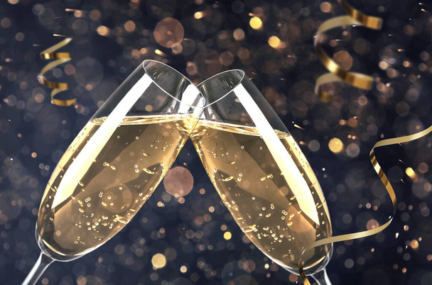 Glasses with sparkling wine and shiny serpentine streamers against blurred festive lights  - 写真・画像