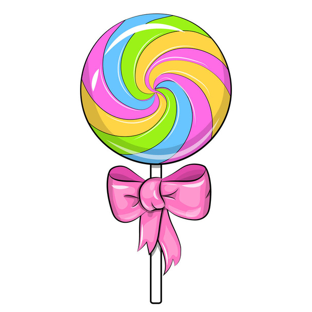 Caricatura dulce piruleta con lazo rosa. Ilustración vectorial de dulces sobre fondo blanco. - Vector, Imagen