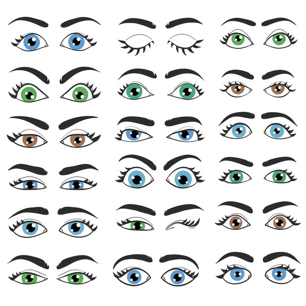 grande jogo de olhos de emoções diferentes com sobrancelhas do desenho de cara no branco - Vetor, Imagem
