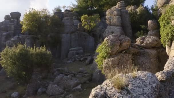 Vista drone de majestosas formações rochosas com plantas verdes e coníferas. - Filmagem, Vídeo
