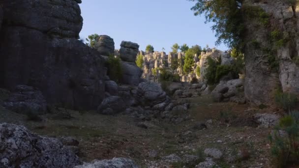 Tájkép festői geológiai képződményekkel és örökzöld fákkal. - Felvétel, videó