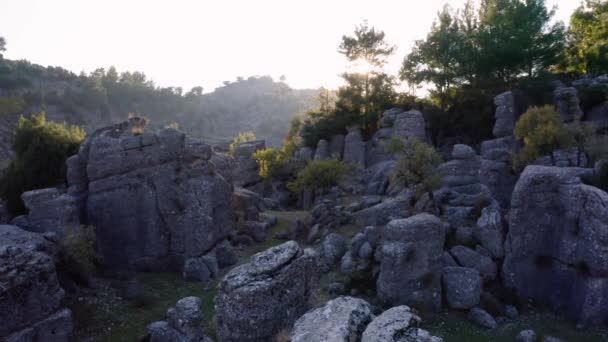 Increíble paisaje de formaciones de piedra. Piedras rocosas bajo el amanecer. - Metraje, vídeo
