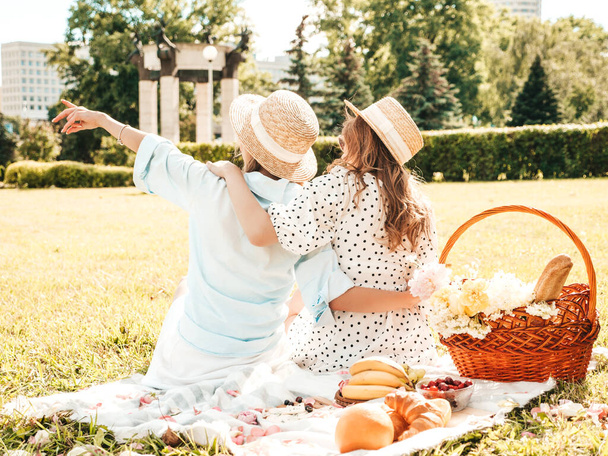 Back view of two young beautiful smiling female in trendy summer sundress and hats.Carefree women making picnic outside.Positive models sitting on plaid on grass, eating fruits and cheese - Foto, Imagem