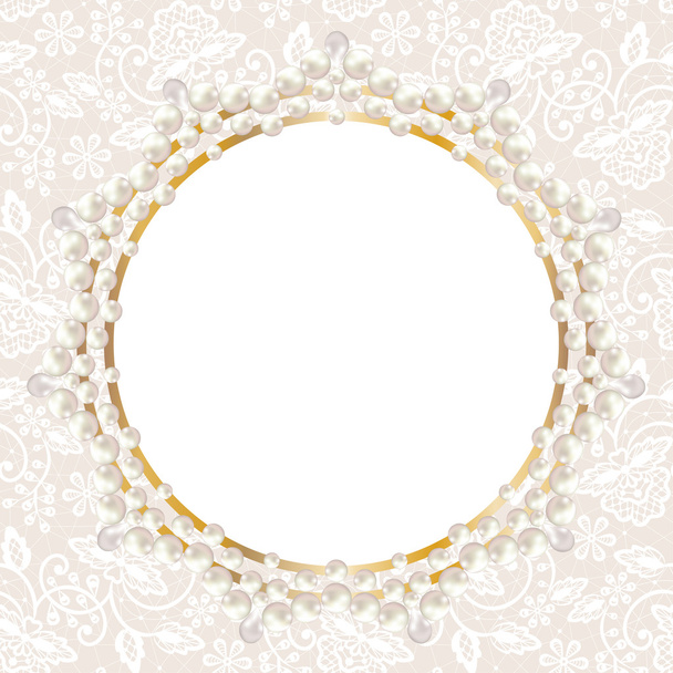 pearl frame on white lace background - Vecteur, image