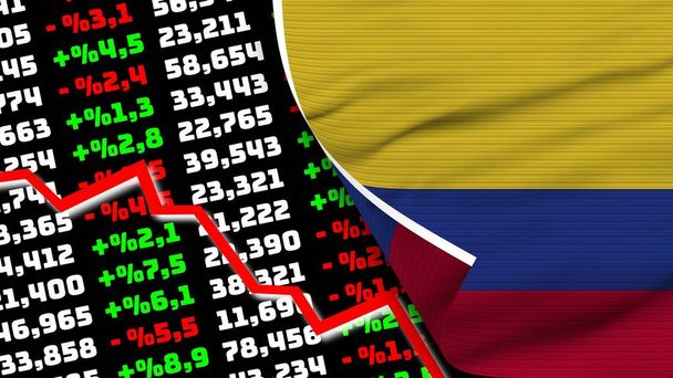 Колумбия реалистичный флаг, график фондового рынка, эффект текстуры ткани 3d иллюстрация - Фото, изображение