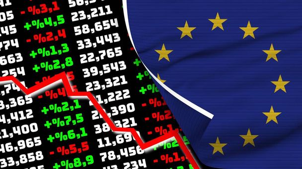 European Union Realistic Flag, Stock Finance Market Chart, Fabric Texture Effect 3D Illustration - Foto, Imagem