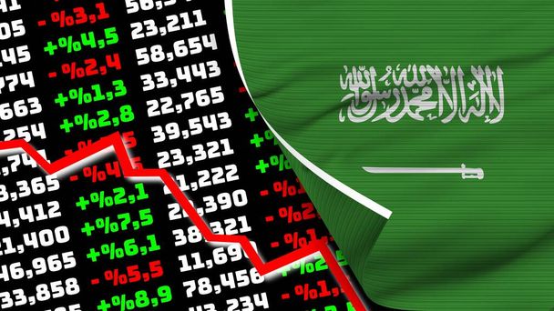Arabia Saudyjska Realistyczna Flaga, Wykres Rynku Finansowego, Efekt Tekstury Tkaniny Ilustracja 3D - Zdjęcie, obraz