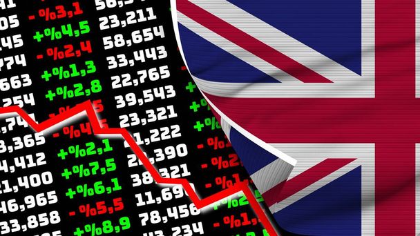 Vereinigtes Königreich realistische Flagge, Börse Finanzmarktdiagramm, Textur-Effekt 3D-Illustration - Foto, Bild