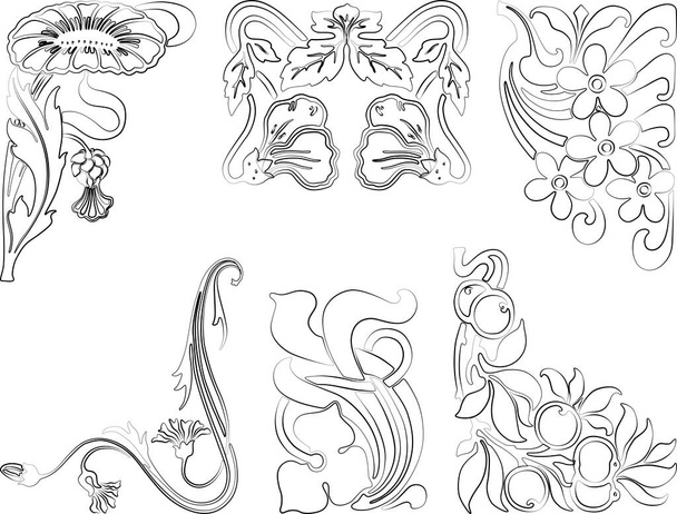 Set of outlines decorative floral elements in vintage style - Vector, Image