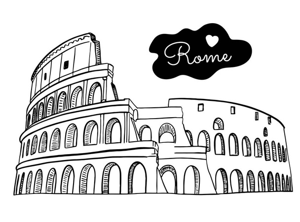 Esbozo dibujado a mano digital del Coliseo. Con el signo de Roma. Bueno para postales. Vector aislado. - Vector, imagen