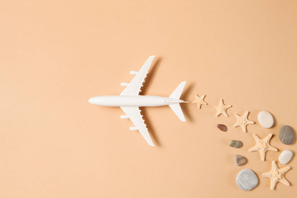 Flat lay design of travel concept with plane and trail made from starfishes and sea pebbles on brown background - Фото, зображення
