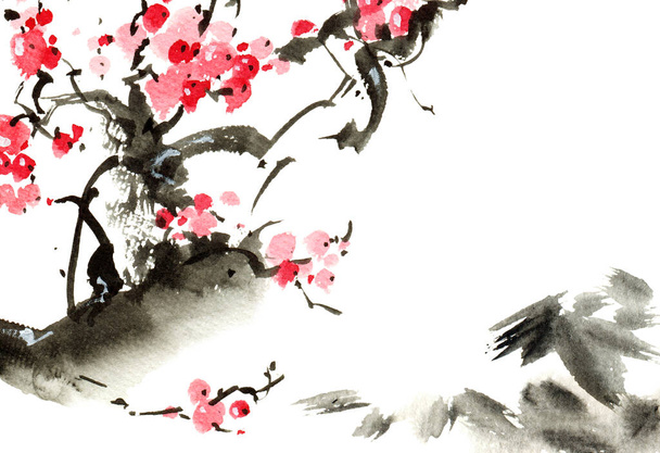Acuarela e ilustración de tinta del árbol de sakura en flor con flores rosadas. Pintura tradicional oriental por tinta y acuarela en estilo sumi-e. - Foto, imagen
