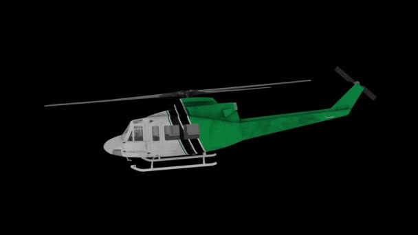 Animação voadora de helicóptero realista. Vista lateral. Canal Alfa - Filmagem, Vídeo
