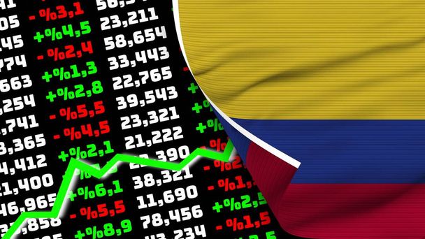 Colombia Realistic Flag, Stock Finance Market Rising, Fabric Texture Effect 3D Illustration - Zdjęcie, obraz