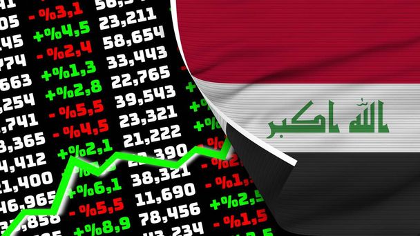 иракский реалистичный флаг, рост фондового рынка, эффект текстуры ткани 3d иллюстрация - Фото, изображение