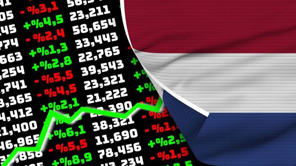 Netherlands Realistic Flag, Stock Finance Market Rising, Fabric Texture Effect 3D Illustration - Zdjęcie, obraz
