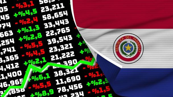 Paraguay Realistic Flag, Stock Finance Market Rising, Fabric Texture Effect 3D Illustration - Photo, Image