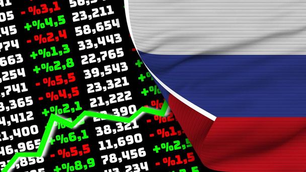 Российский реалистичный флаг, рост фондового рынка, эффект текстуры ткани 3d иллюстрация - Фото, изображение
