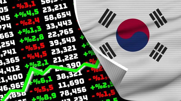 South Korea Realistic Flag, Stock Finance Market Rising, Fabric Texture Effect 3D Illustration - Foto, Imagen