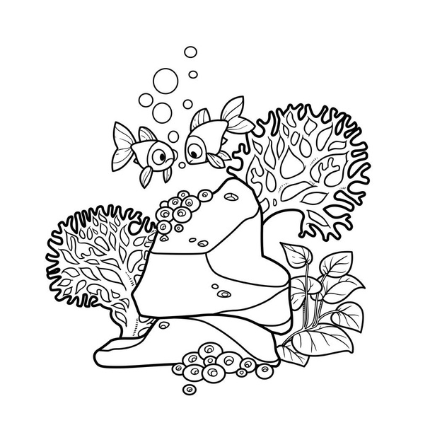 Corals, sea sponges and algae grow on a stone nearby fish swim outline for coloring on a white background - Wektor, obraz