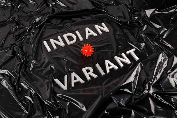 palabras indio variante establecido con letras de metal plateado sobre arrugado negro bolsa de plástico de fondo con pequeño modelo de virus - Foto, Imagen