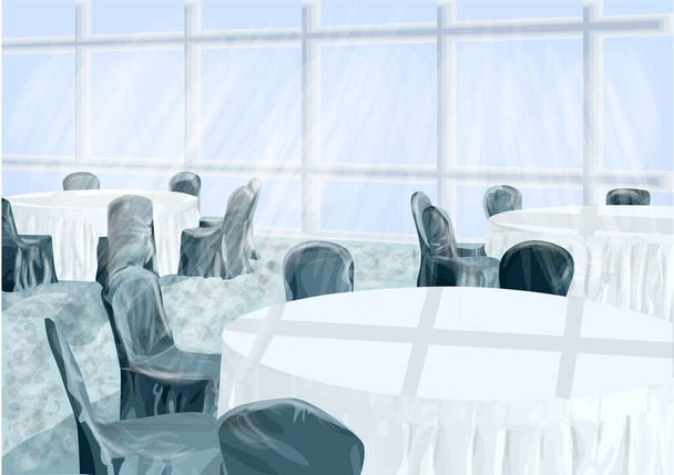 Restaurant Vektor Illustration. weißer Tisch und blauer Stuhl - Vektor, Bild