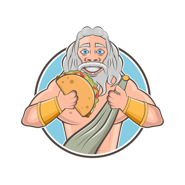 grappig cartoon logo van Griekse god zeus of Romeinse god jupiter met griekse specialiteit gyros - Vector, afbeelding