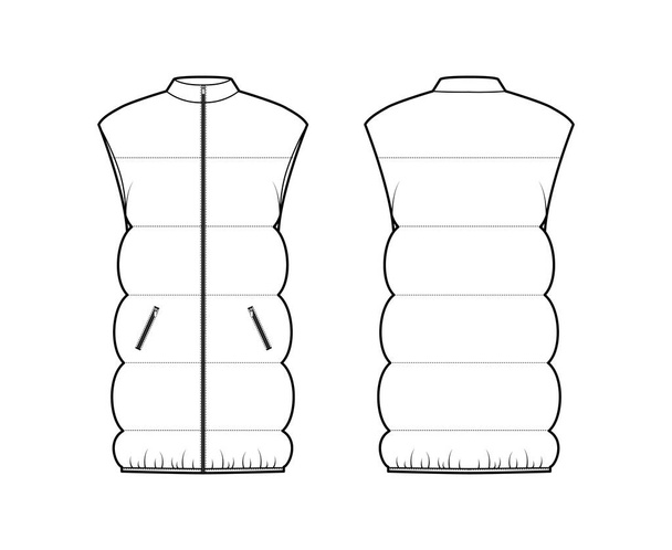Down vest puffer waistcoat technical fashion illustration with sleeveless, stand collar, pockets, hip length, wide - Vector, Image