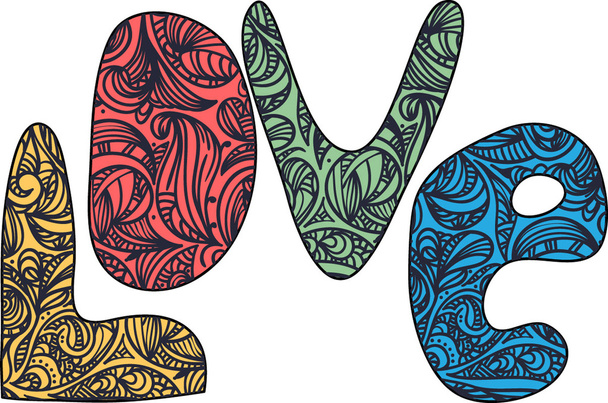 vector hand drawn letters "love" with floral seamless ornament, clipping masks - Vektör, Görsel