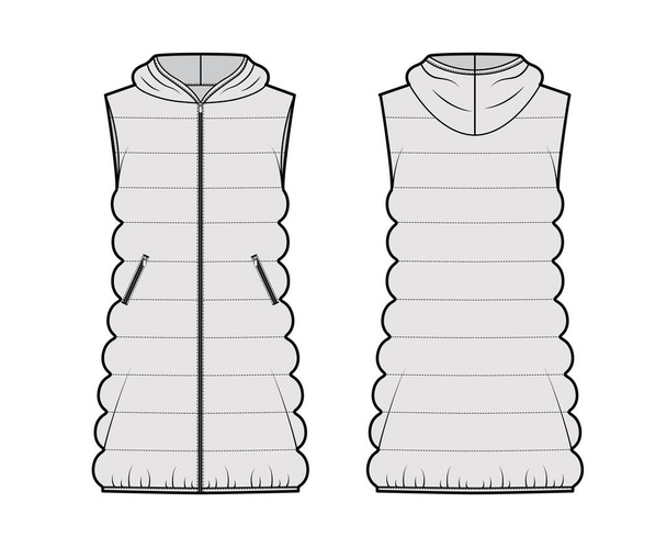 Down vest puffer waistcoat technical fashion illustration with hoody collar zip-up closure, loose body, classic quilting - Vector, Image