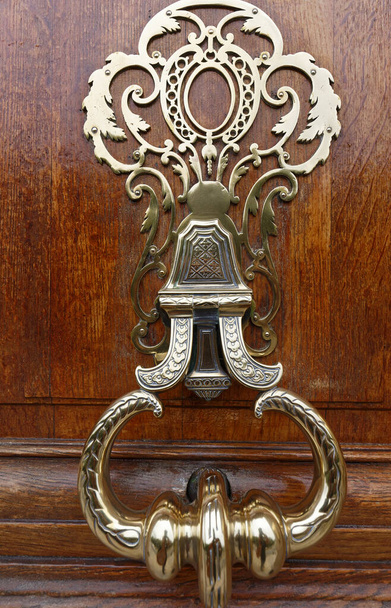 Evropský starý kovový klepadlo na železné dveře. Detaily návrhu. Paříž. Francie - Fotografie, Obrázek