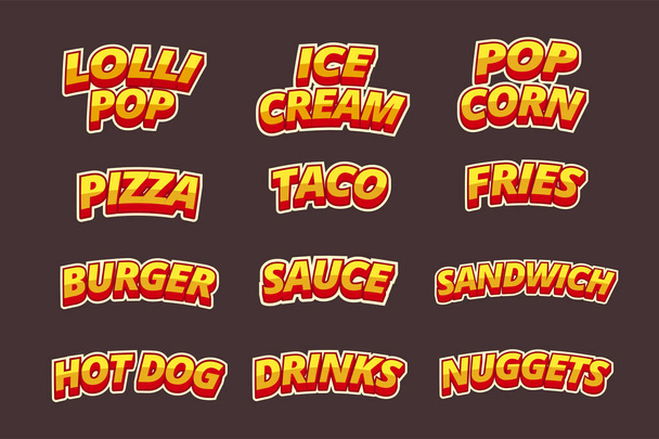 Lettering van namen van gerechten voor fastfood in komische stijl. Vectorillustratie. - Vector, afbeelding