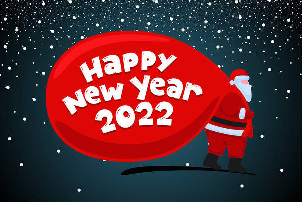 Santa Claus cartoon character coming and carries large huge heavy gifts red bag. Christmas and Happy New year 2022 holiday greeting card. Vector flat celebration poster illustration - Vector, Image