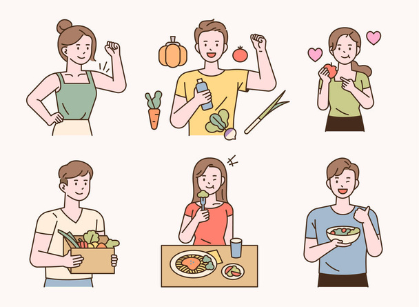 Pessoas vegetarianas com legumes saudáveis frutas. design plano estilo mínimo vetor ilustração. - Vetor, Imagem