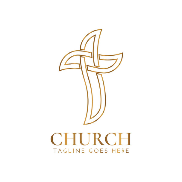 Esquema de la Iglesia Cristiana Diseño de Logo de Oro con Cruz  - Vector, Imagen