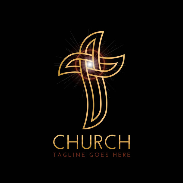 Diseño del logotipo de la iglesia cristiana de oro con cruz sobre fondo negro - Vector, Imagen