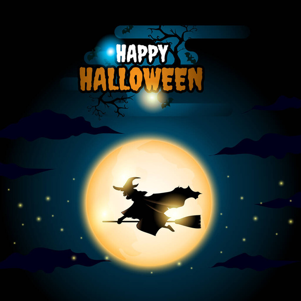 Halloween bruja volar en naranja luna grande en fondo azul oscuro, vector de ilustración. - Vector, Imagen