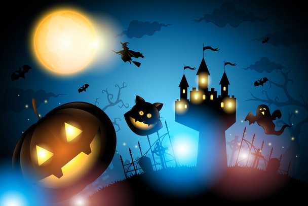 Halloween citrouille et château sorcière chat et fantôme dans le cimetière sur fond bleu foncé grande lune, illustration vectorielle affiche. - Vecteur, image