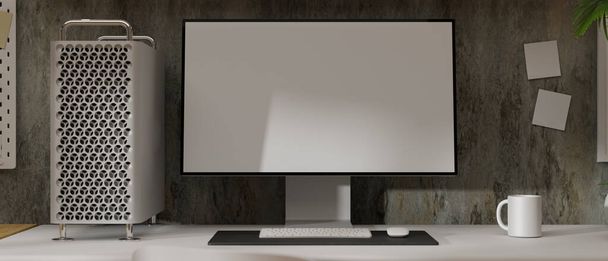 Diseño moderno de la oficina del loft con la pantalla blanca moderna de la maqueta de la computadora de escritorio, taza blanca en la mesa blanca, pared de hormigón de cemento en la parte posterior, representación 3d, ilustración 3d - Foto, Imagen