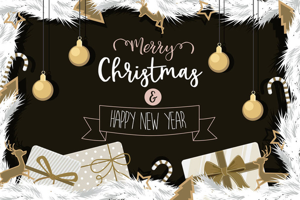 Weihnachten und ein glückliches neues Jahr mit goldverzierten Kugelgeschenk aus Kiefernzweigen im Hintergrund schwarz-weiß. illustration Vector - Vektor, Bild