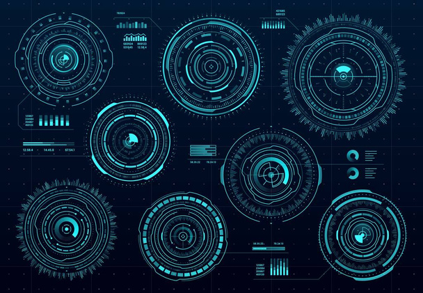 Circle futuristic HUD digital interface, data screen dashboard, vector round frames and borders. HUD aim controls and digital gauges, target aim and hologram frames, user data UI display buttons - Vector, Image