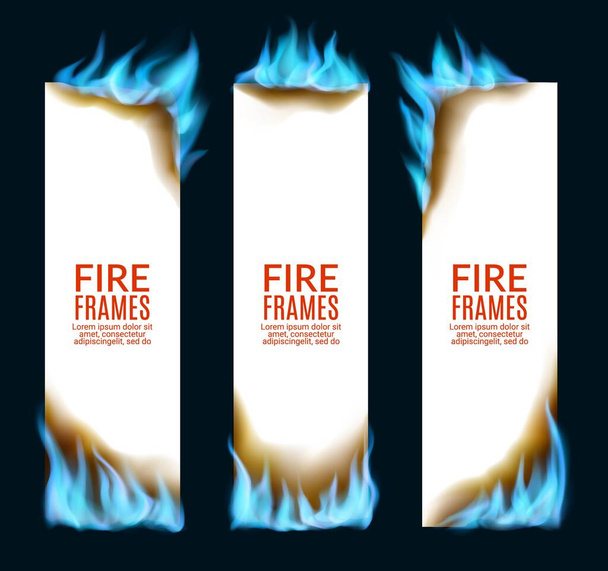 Brûler des bannières en papier avec des flammes de feu au gaz naturel, vecteur. Feuilles de papier brûlantes dans des flammes bleues de gaz naturel avec des bords brûlés et des effets brûlés, flamboyantes au gaz naturel lueur étouffante - Vecteur, image