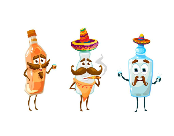 Мультфильм мексиканский пульке, мезол и текила символов, векторные бутылки иконы. Вива Мексика или мексиканская фиеста партия символы алкогольных напитков текилы, пульке и мезол с сомбреро и усы - Вектор,изображение