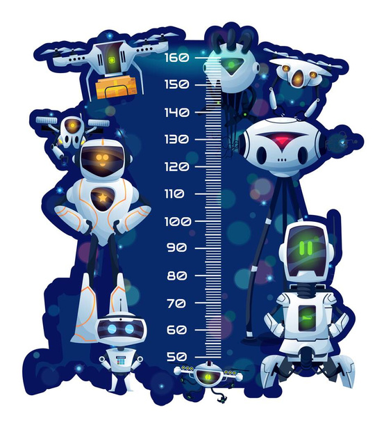 Gráfico de altura de crianças com robôs e dróides, fundo de desenho animado medidor de crescimento vetorial. Crianças gráfico de altura ou bebê medida régua escala adesivo de parede com robôs android espaço, chatbots e drones de tecnologia - Vetor, Imagem