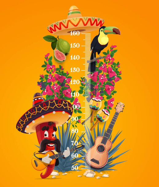 Kids height chart, mexican chili pepper growth meter with cartoon vector jalapeno mariachi with guitar, toucan, bougainville flowers and guava with agave plant. Scale for children height measurement - Vector, Image