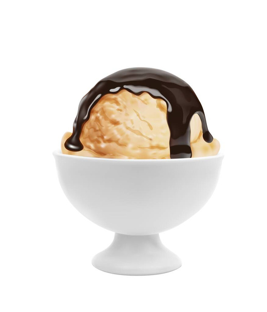 Sundae ijsschotel met chocolade en slagroom. Parlour vanille dessert in keramische kom, 3D realistische vector Italiaanse gelato ijsbal gegoten met cacao topping of chocolade druppel - Vector, afbeelding